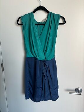 Two-Tone Teal and Navy Wrap Midi Dress with Tie Waist